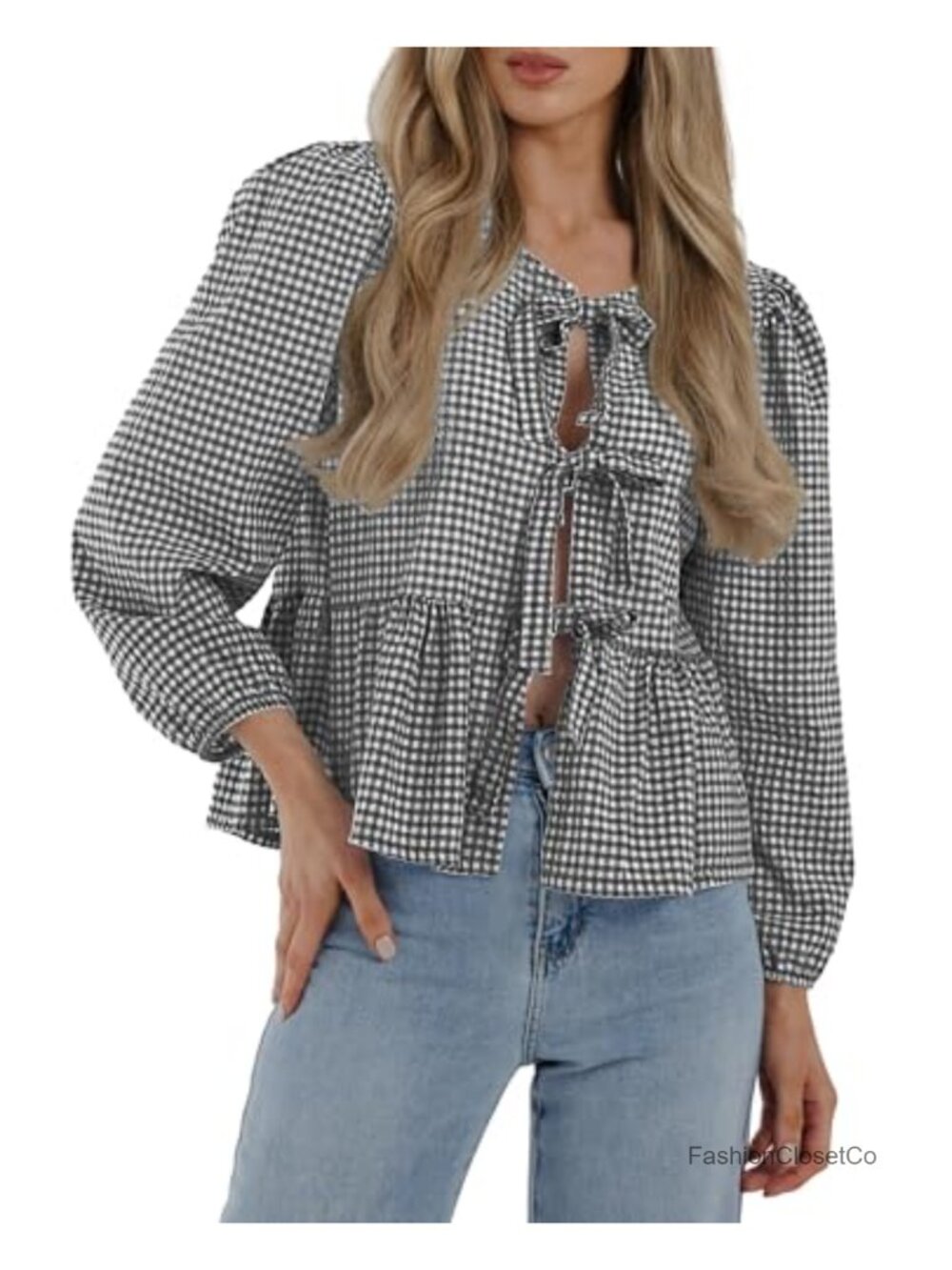 Babydoll Peplum Blouse with Puff Sleeves and Bow Tie Front – Long Sleeve Crew